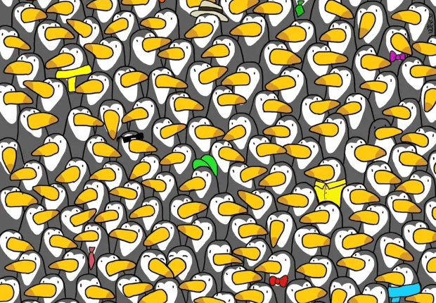 Illustration of many penguins with a few wearing hats and other accessories.