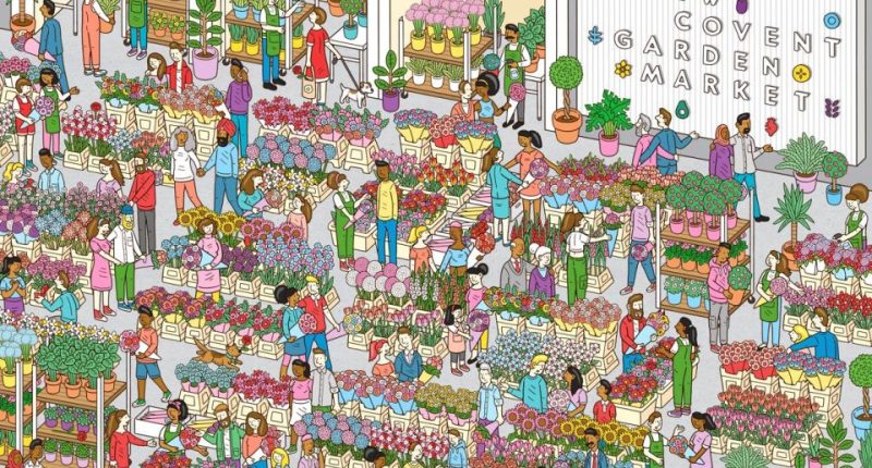 Illustration of a crowded flower market with many people buying flowers.