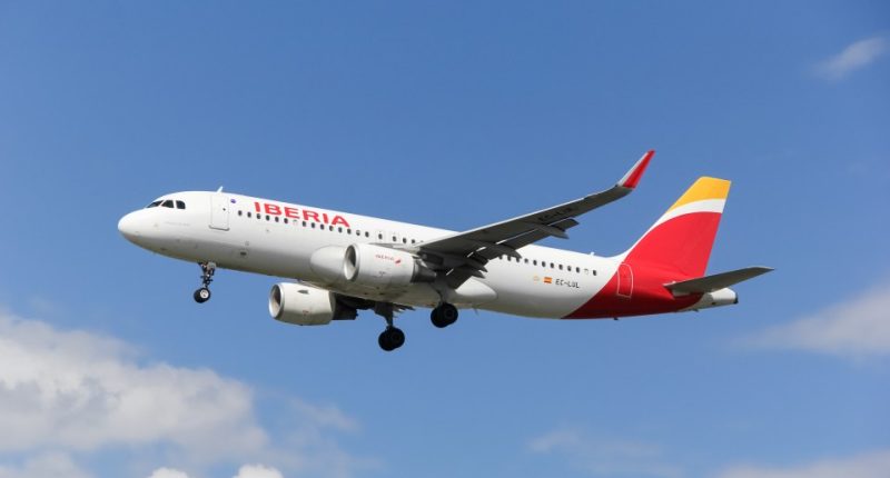 Iberia Airbus A320 approaching London Heathrow Airport.