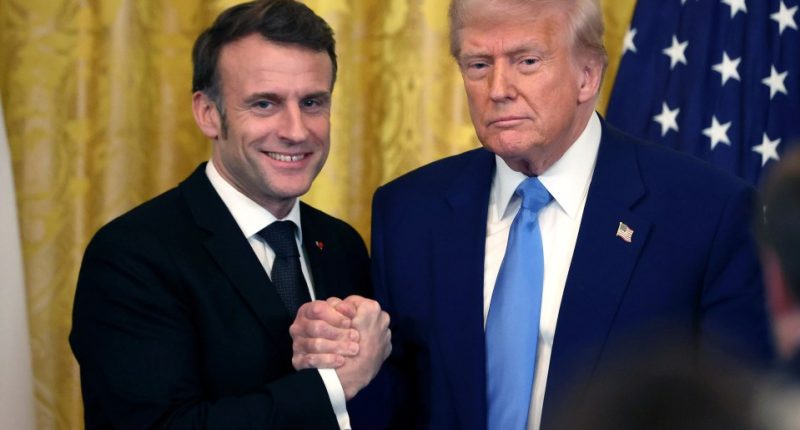 President Macron and President Trump shaking hands.