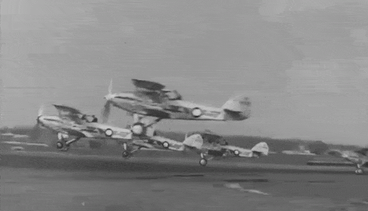 GIF of biplanes taking off.