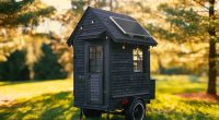 Small black house on wheels with solar panel.