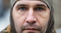 Close-up portrait of Caesar, a 50-year-old Russian fighting with the Freedom of Russia Legion in Ukraine.