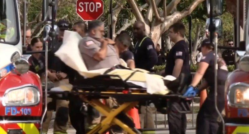 Paramedics moving a patient on a stretcher.