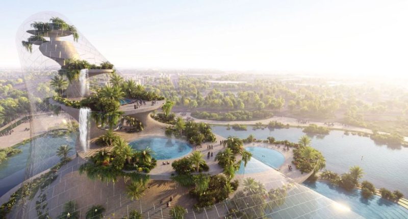 Illustration of a giant greenhouse in Dubai with pools, water slides, and gardens.