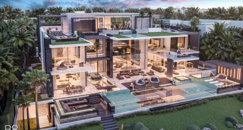 Illustration of a large, modern mansion with a pool and multiple levels.