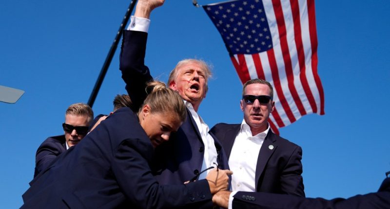Donald Trump at a campaign rally, appearing injured, surrounded by Secret Service agents.