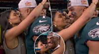 Jalen Hurts kisses fiancée Bry Burrows after Eagles' Super Bowl 2025 win