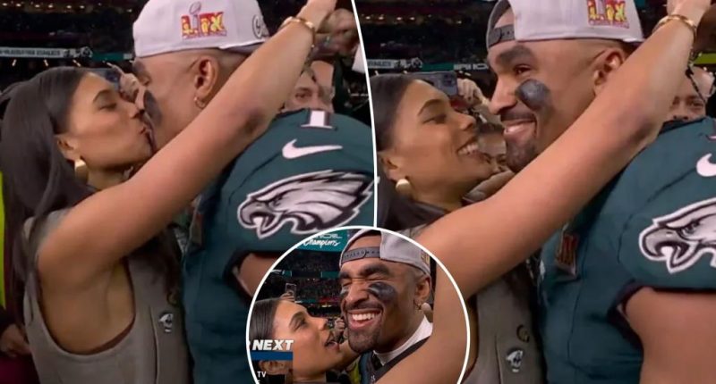 Jalen Hurts kisses fiancée Bry Burrows after Eagles' Super Bowl 2025 win