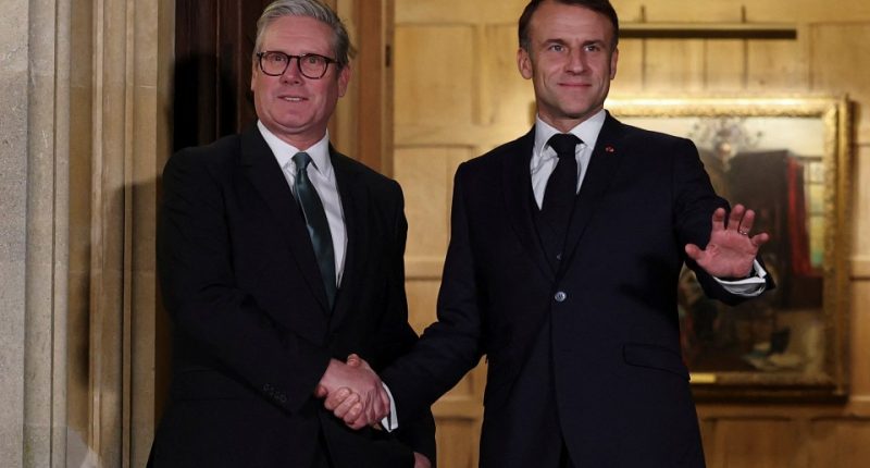 Keir Starmer and Emmanuel Macron shaking hands.