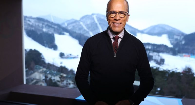 Lester Holt in front of a snowy mountain landscape.