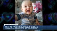 Smiling baby in striped pajamas; news graphic about high ambulance bills.