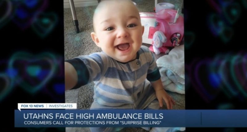 Smiling baby in striped pajamas; news graphic about high ambulance bills.