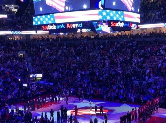Scotiabank Arena crowd booing during the US national anthem.