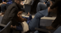 Security guards removing a woman from a council meeting.