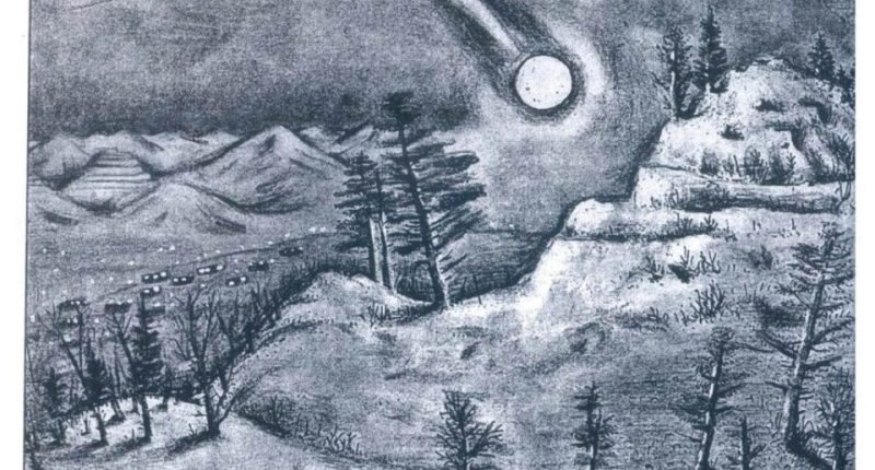 Illustration of a nighttime landscape with a bright object streaking across the sky.