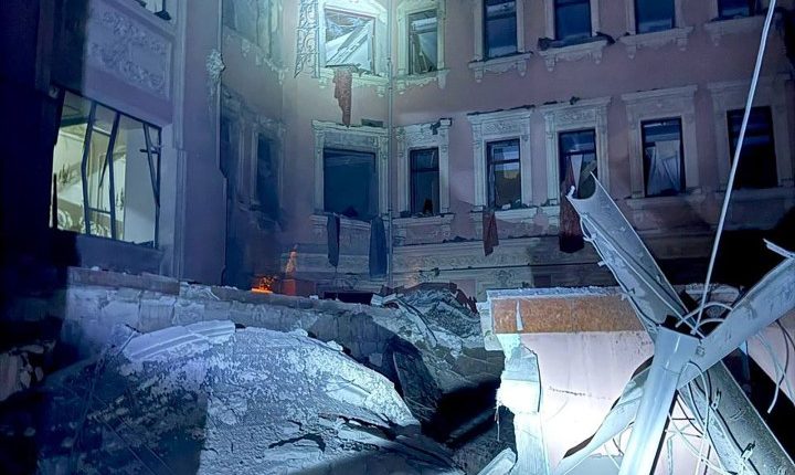 Damage to a building in Odesa, Ukraine, after a Russian missile strike.