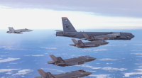 Formation of military aircraft in flight.