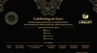 Illustration of Huntington Beach Central Library's 50th anniversary plaque design, featuring city leaders' names and the library's motto.