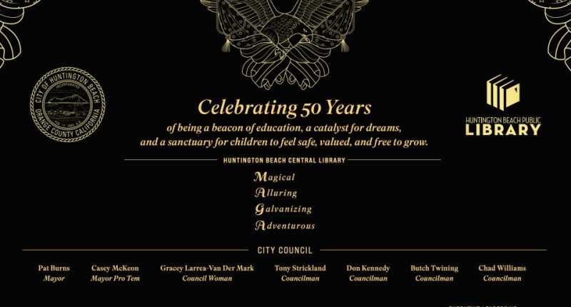 Illustration of Huntington Beach Central Library's 50th anniversary plaque design, featuring city leaders' names and the library's motto.