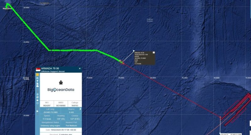 Map showing the route of the Armada 78 06 ship searching for MH370.