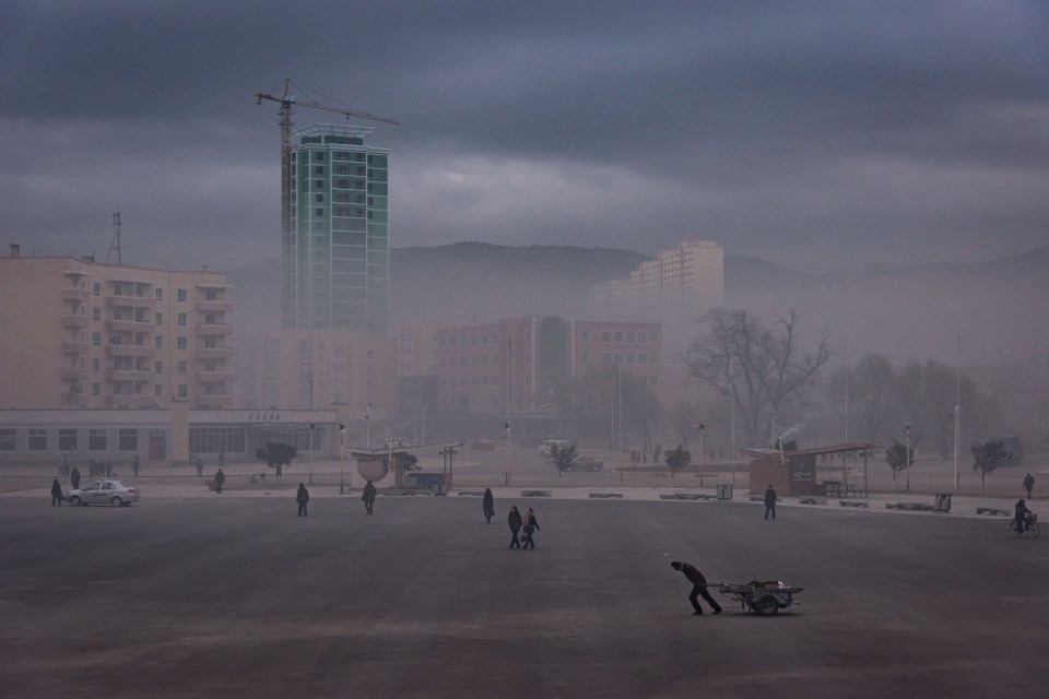 Foggy view of a public square in Rason, North Korea.