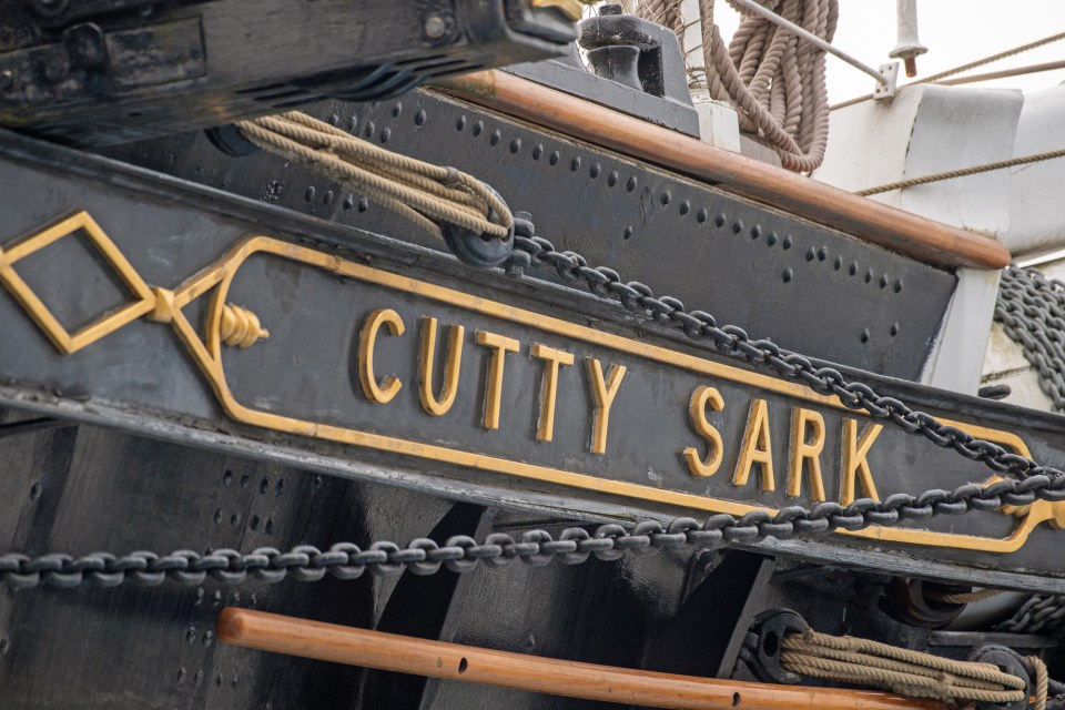Close-up of the Cutty Sark's nameplate.