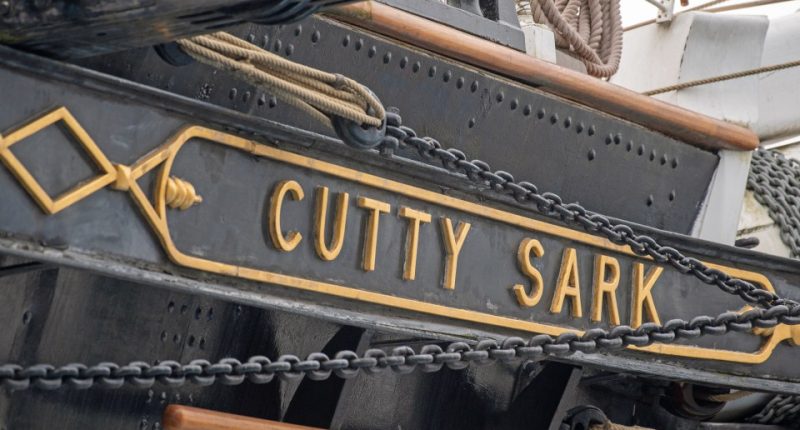 Close-up of the Cutty Sark's nameplate.
