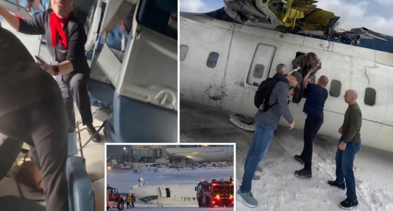 Passenger onboard flipped Delta flight posts wild evacuation footage revealing damage to interior and exterior of the plane