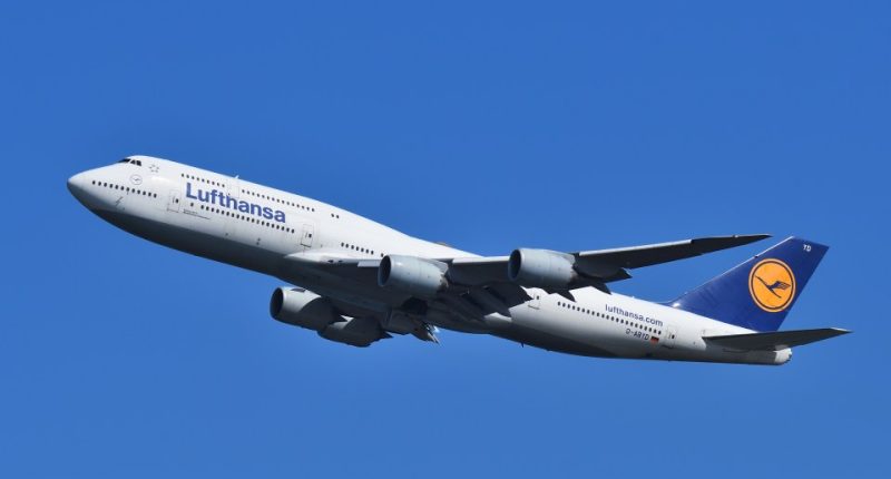 Lufthansa Boeing 747-8 taking off.