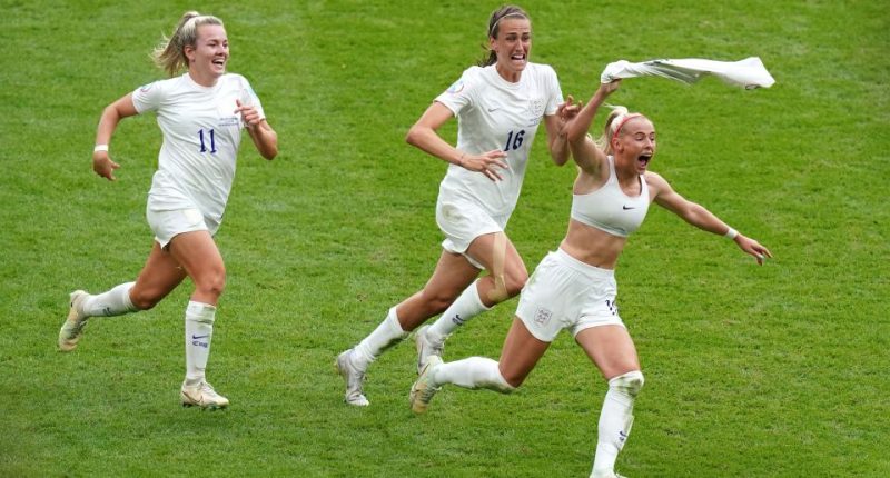 Three England women's soccer players celebrating a goal.