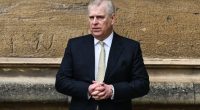 Prince Andrew, Duke of York, standing against a stone wall.