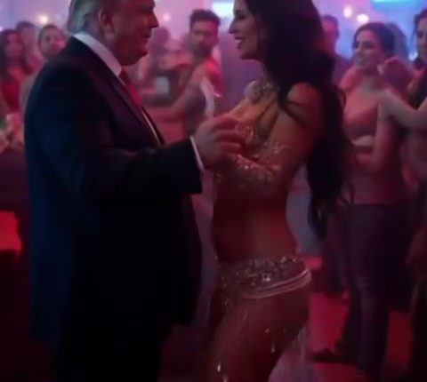 Donald Trump dancing with a woman in a nightclub.