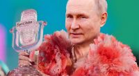 Illustration of Vladimir Putin holding a Eurovision Song Contest trophy while wearing a flamboyant pink outfit.