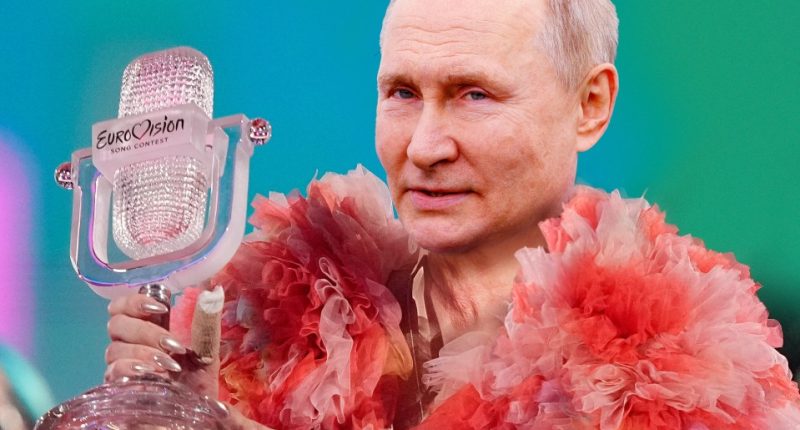 Illustration of Vladimir Putin holding a Eurovision Song Contest trophy while wearing a flamboyant pink outfit.