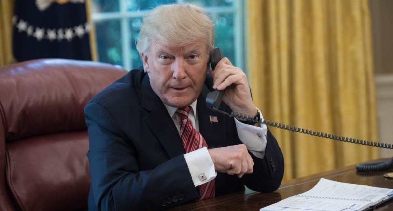 President Donald Trump on the phone in the Oval Office.