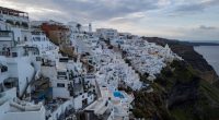 Aerial view of Fira town, Santorini, Greece.