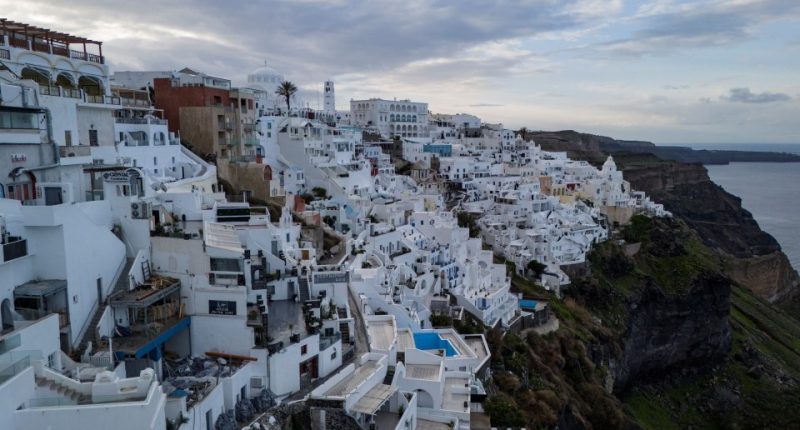 Aerial view of Fira town, Santorini, Greece.