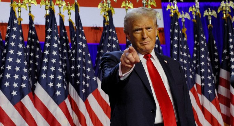 Donald Trump pointing at the camera in front of American flags.