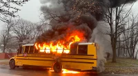 School bus caught on camera engulfed in flames after driver's ‘quick response’ saves students from inferno