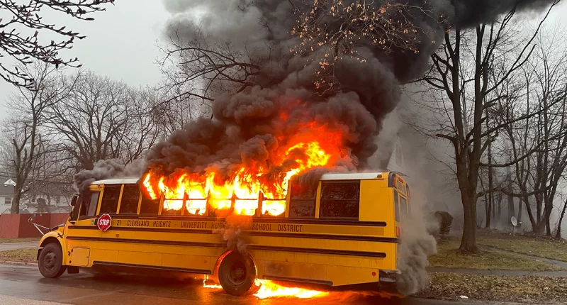 School bus caught on camera engulfed in flames after driver's ‘quick response’ saves students from inferno