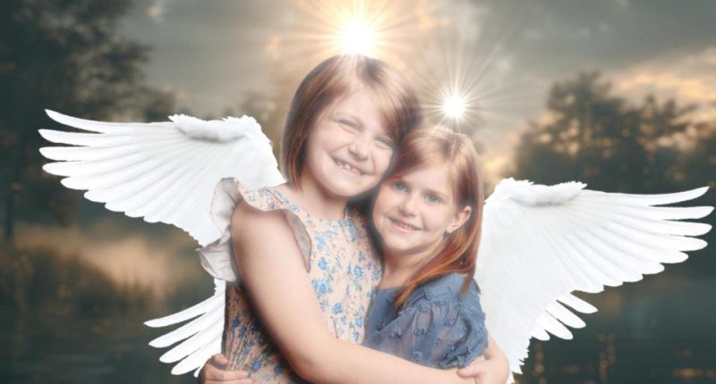Illustration of two girls holding hands, one with angel wings.