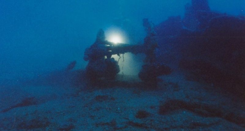 Underwater photo of the Heimara shipwreck in the South Euboean Gulf, Greece.