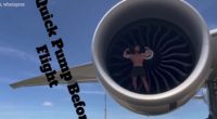 Bodybuilder flexing inside an airplane engine.