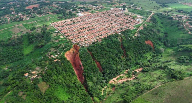 Aerial view of Buriticupu, Brazil, showing sinkholes threatening the town.