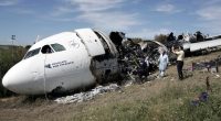 Wreckage of Air France Flight 358 at Toronto Pearson International Airport; all 309 passengers and crew survived.