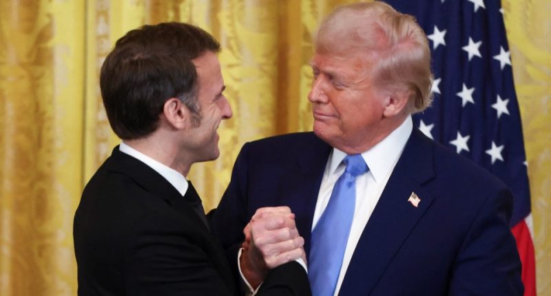 President Trump and President Macron shaking hands.