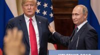 President Trump and President Putin shaking hands at a press conference.