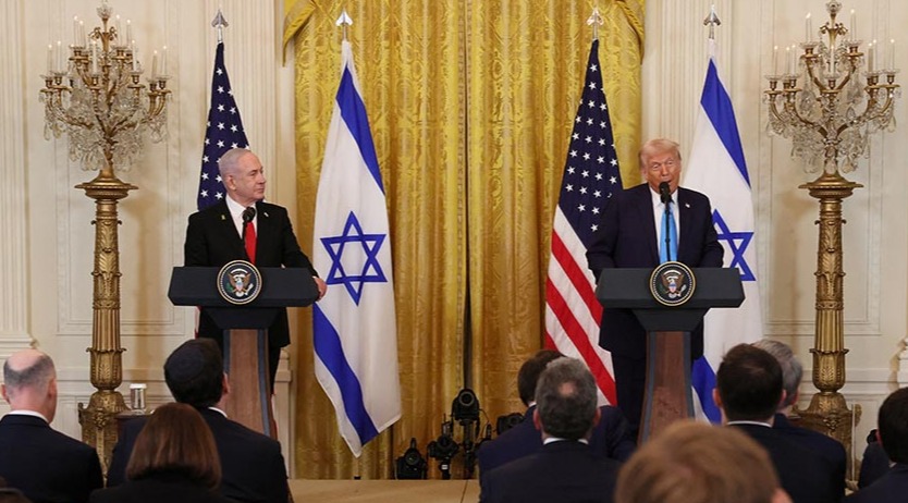 U.S. President Donald Trump and Israeli Prime Minister Benjamin Netanyahu hold a joint press conference in the East Room at the White House in Washington, U.S., February 4, 2025. REUTERS/Leah Millis