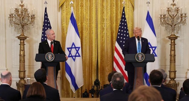 U.S. President Donald Trump and Israeli Prime Minister Benjamin Netanyahu hold a joint press conference in the East Room at the White House in Washington, U.S., February 4, 2025. REUTERS/Leah Millis